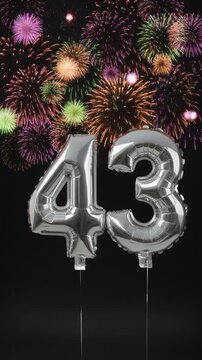 Silver balloon number 43 with fireworks in the background. Festive scene for birthday or anniversary party