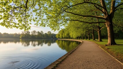 A serene park path gracefully curves alongside a tranquil lake, framed by vibrant spring green trees and lush foliage, inviting peaceful nature walks