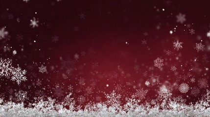 Beautifully falling snowflakes on a deep red background with a snowy ground overlay for winter holidays