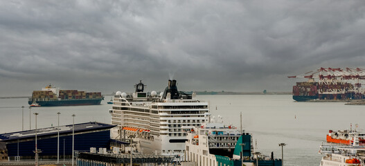 Industrial port of Barcelona in Spain with its container ports and cranes