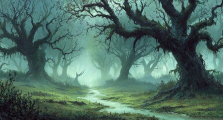 Misty, ancient forest with a meandering stream
