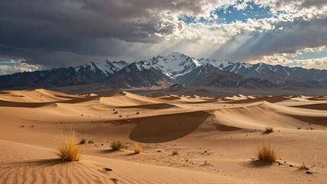 Desert dunes with snow-capped mountains and dramatic sky - Powered by Adobe