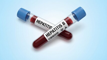 Obraz premium Blood test tubes labeled Hepatitis and Hepatitis B on a blue background