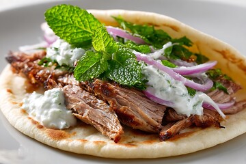 A roasted lamb taco with cucumber yogurt sauce, onions, and mint leaves, plain background