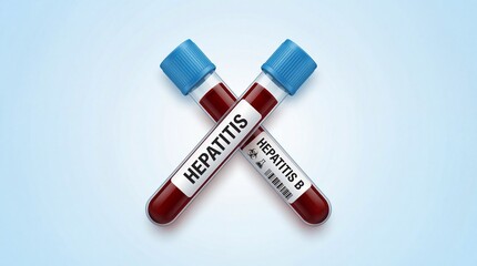 Blood test tubes labeled Hepatitis on a light blue background