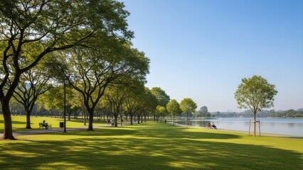 Obraz premium Peaceful park by the lake with lush green trees and expansive lawns under a clear blue sky on a sunny day, offering a tranquil escape