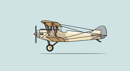 Stylized vintage biplane flying against a light blue background. © Jaka