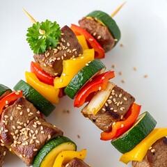 Colorful Grilled Vegetable and Meat Skewers with Sesame Seeds