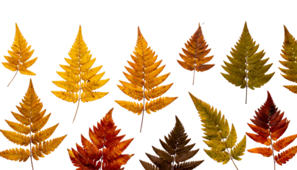 Eleven detailed fern leaves in various autumn colors against a solid black background