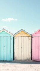 Pastel-colored beach huts in row.