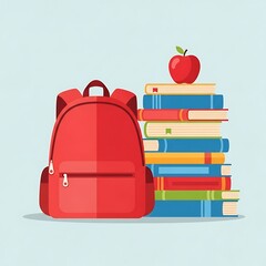 Red backpack with books and apple for school supplies