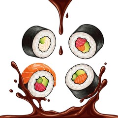 Colorful Sushi Rolls with Sauce Drizzle on Transparent Background
