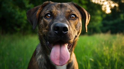 Obraz premium Happy dog in lush green field at sunset.