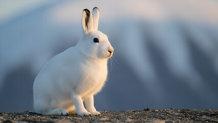 white rabbit on the ground, A realistic Arctic hare sitting on rocky tundra, covered in thick pure white winter fur, alert posture with upright ears, black eyes reflecting soft light, cold arctic envi