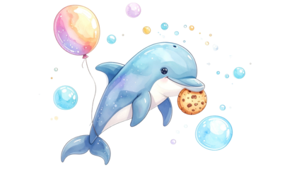 Cartoon dolphin with cookie in mouth, holding balloon, surrounded by bubbles