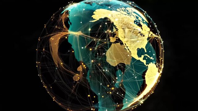 Visual representation of interconnected networks around the Americas highlighting data flow and technology