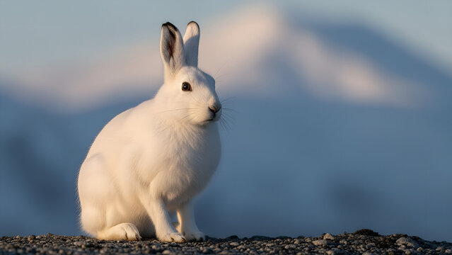 white rabbit on the ground, A realistic Arctic hare sitting on rocky tundra, covered in thick pure white winter fur, alert posture with upright ears, black eyes reflecting soft light, cold arctic envi