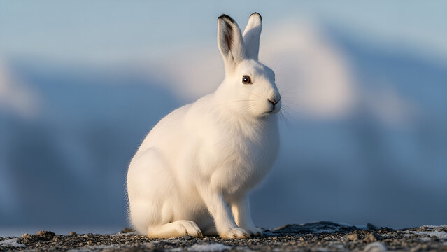 white rabbit on the ground, A realistic Arctic hare sitting on rocky tundra, covered in thick pure white winter fur, alert posture with upright ears, black eyes reflecting soft light, cold arctic envi
