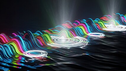 vibrant neon light art installation reflecting on water with glowing circular patterns