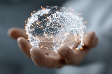 Man holds a representation of a global quality assurance network connection with data integration and performance monitoring in a modern setting