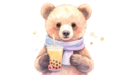Adorable watercolor bear, wearing a scarf, happily holding a boba tea