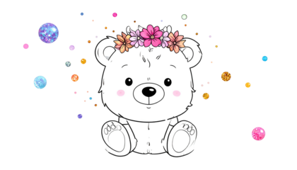 Cute white bear illustration, wearing floral crown, with colorful sparkling accents