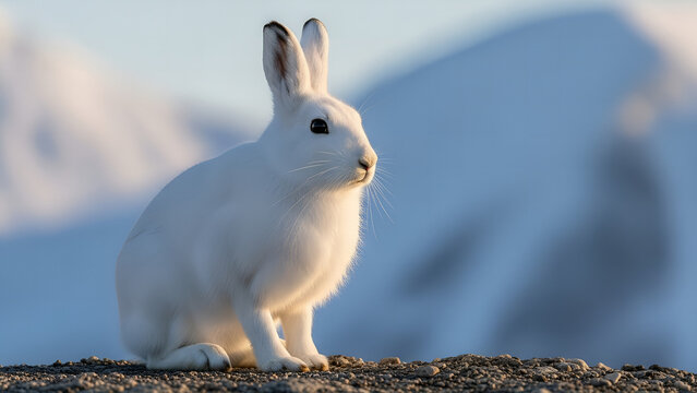 white rabbit on the ground, A realistic Arctic hare sitting on rocky tundra, covered in thick pure white winter fur, alert posture with upright ears, black eyes reflecting soft light, cold arctic envi