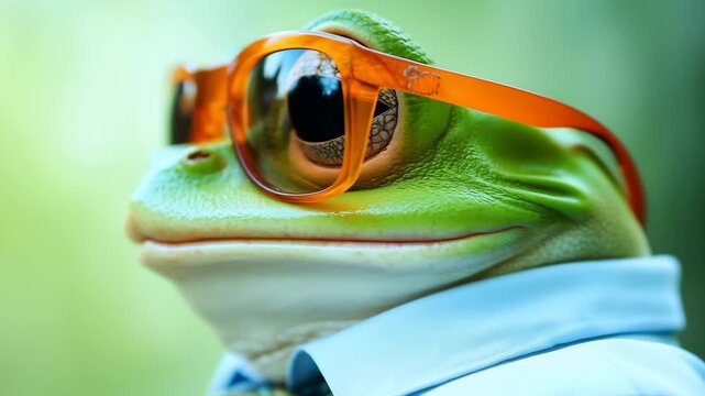 Frog wearing sunglasses and a shirt poses confidently in a vibrant outdoor setting during daylight
