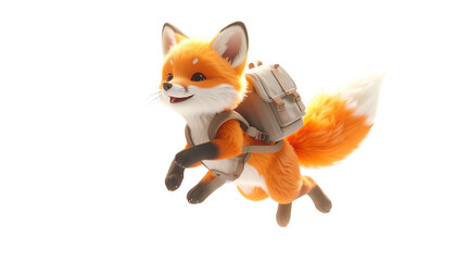 Animated orange fox with backpack smiling, in mid-leap, on a transparent background