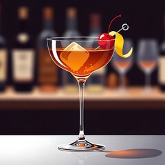 Cocktail in a glass with cherry and lemon twist