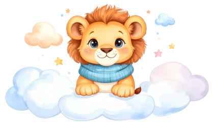Adorable cartoon lion cub with scarf sits atop fluffy clouds, surrounded by stars