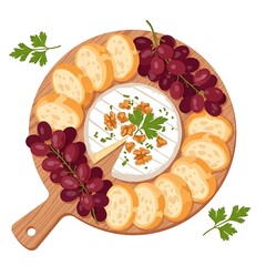 Wooden Board with Cheese Grapes and Bread Slices