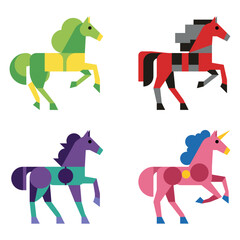 Fototapeta premium Stylized Geometric Cartoon Horse Illustrations (Vibrant Flat Design Characters)