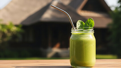 Vibrant berry smoothie topped with fresh fruits, set against a blurred tropical garden with a traditional wooden house, perfect for a healthy and refreshing summer drink