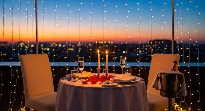 Romantic rooftop dinner setup for two with champagne and candlelight overlooking a vibrant city skyline at twilight. - Powered by Adobe