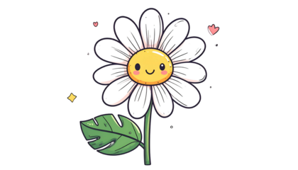 Cartoon daisy with smiling face, heart accents, leaf, stem, against black