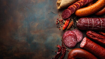 Variety of gourmet cured meats and sausages on textured background.