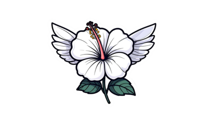 A white hibiscus flower with small wings, green leaves, and a black outline