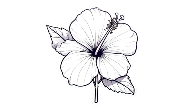 Elegant grayscale hibiscus flower with detailed petals and leaves on black background - Powered by Adobe