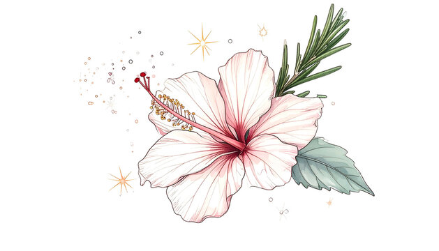 Delicate watercolor hibiscus with a green sprig and accents against a black background - Powered by Adobe