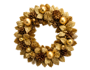 Extravagant golden wreath, adorned with gilded leaves, pinecones, baubles