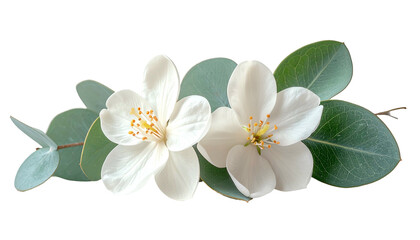 Obraz premium Two white blossoms with yellow centers, framed by green eucalyptus leaves