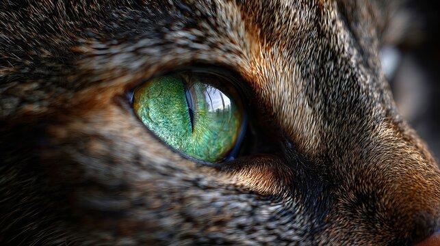 A close-up of a cat's eye with a vibrant green iris and brown fur