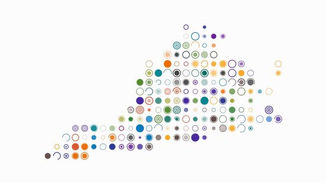 Virginia animated shape. Pulsating colored dots on the map of the state. Large size circle blocks. Digital style Virginia map on white background. Abstract animation video.