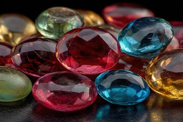 Colorful toy gems in various shapes for treasure hunts and playtime activities on a soft surface