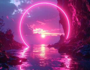 Glowing neon circle frames vibrant sunset over serene water landscape