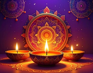 Glowing oil lamps with mandala patterns and warm color tones