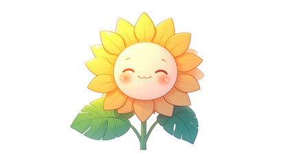 Smiling, cartoon sunflower with big petals and happy face, green leaves, on black background