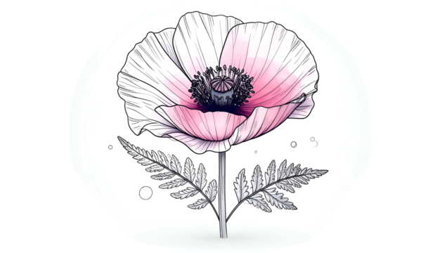 Delicate poppy flower in bloom, with pink petals, black center, and green leaves - Powered by Adobe