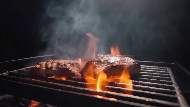 Two steaks cooking on a hot grill with flames. Ideal for food blogs, restaurant menus, bbq promotions, and cooking websites.